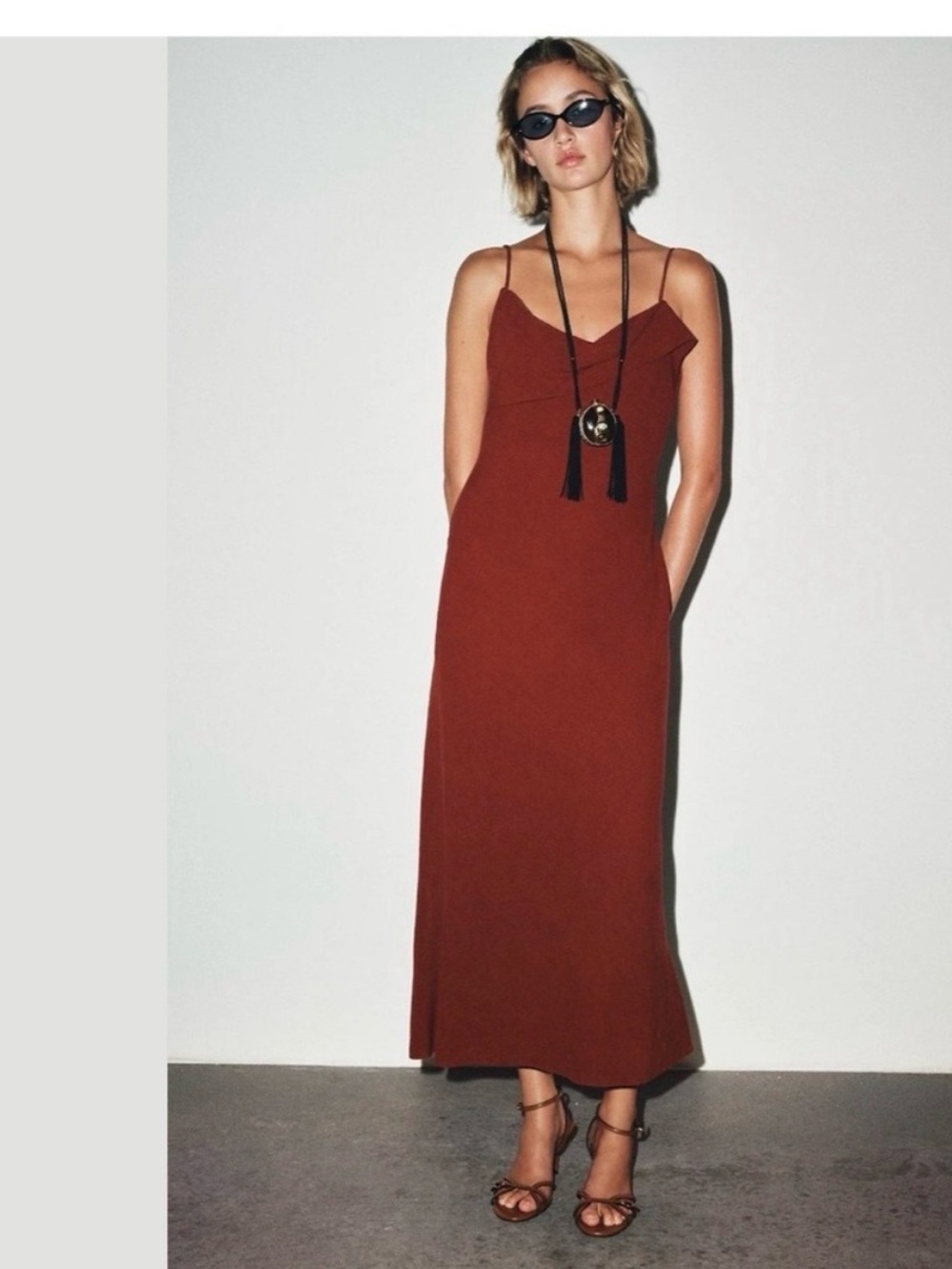 NWT Zara Ramie Cowl Neck Midi Camisole Dress- Size L
